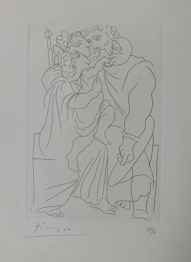 Pablo Picasso (Spanish, 1881-1973). <em>Reunion of Kinesias with Myrrhina and Their Child</em>, after 1933. Etching on wove paper, 8 1/4 x 5 1/2 in. (21 x 14 cm). Brooklyn Museum, A . Augustus Healy Fund, 36.63. © artist or artist's estate (Photo: Brooklyn Museum, CUR.36.63.jpg)