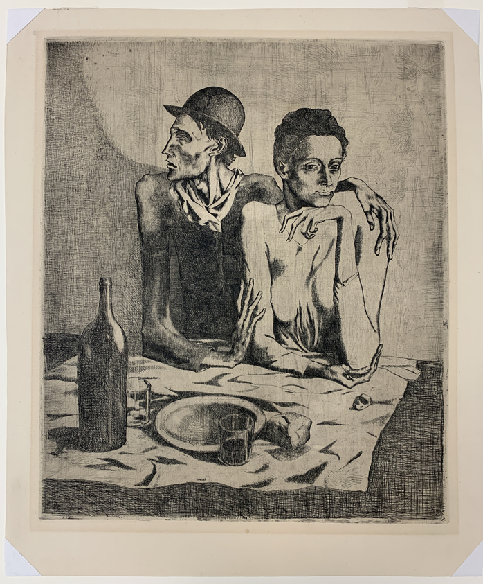 Pablo Picasso (Spanish, 1881-1973). <em>The Frugal Repast (Le Repas frugal)</em>, 1904. Etching on zinc on wove paper, 18 1/4 x 14 13/16 in. (46.3 x 37.7 cm). Brooklyn Museum, Brooklyn Museum Collection, 36.913. © artist or artist's estate (Photo: Brooklyn Museum, CUR.36.913.jpg)