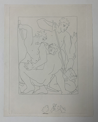 Pablo Picasso (Spanish, 1881-1973). <em>Combat pour Andromède</em>, 1930. Etching on Japan paper, laid down on mat board with tape at left edge, Sheet: 12 3/4 x 10 1/8 in. (32.4 x 25.7 cm). Brooklyn Museum, By exchange, 36.915.10. © artist or artist's estate (Photo: Brooklyn Museum, CUR.36.915.10-1.jpg)