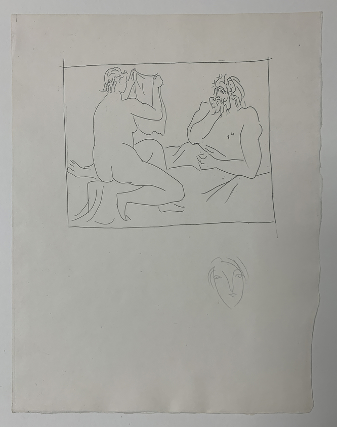 Pablo Picasso (Spanish, 1881-1973). <em>Homme et femme nue tenant un linge</em>, 1931. Etching on Japan paper, laid down on mat board with tape at left edge, Sheet: 13 x 10 1/8 in. (33 x 25.7 cm). Brooklyn Museum, By exchange, 36.915.11. © artist or artist's estate (Photo: Brooklyn Museum, CUR.36.915.11.jpg)