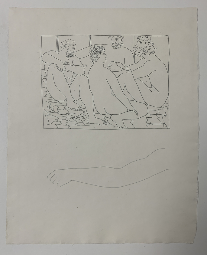 Pablo Picasso (Spanish, 1881-1973). <em>Quatre Hommes nus assis</em>, 1931. Etching on Japan paper, laid down on mat board with tape at left edge, Sheet: 13 x 10 in. (33 x 25.4 cm). Brooklyn Museum, By exchange, 36.915.13. © artist or artist's estate (Photo: Brooklyn Museum, CUR.36.915.13.jpg)