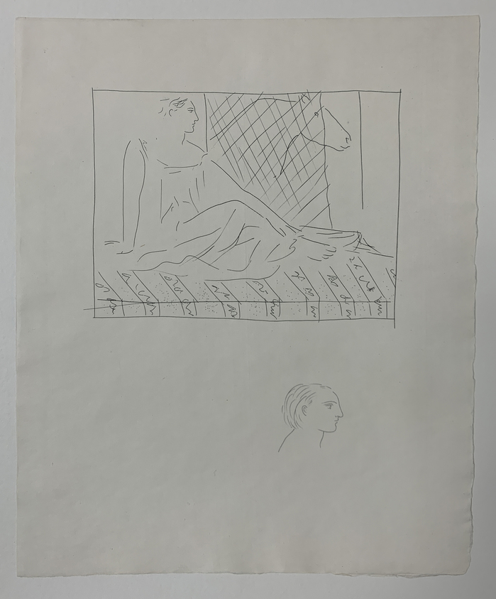 Pablo Picasso (Spanish, 1881-1973). <em>Femme assise et cheval</em>, 1931. Etching on Japan paper, laid down on mat board with tape at left edge, Sheet: 13 x 10 in. (33 x 25.4 cm). Brooklyn Museum, By exchange, 36.915.21. © artist or artist's estate (Photo: Brooklyn Museum, CUR.36.915.21.jpg)