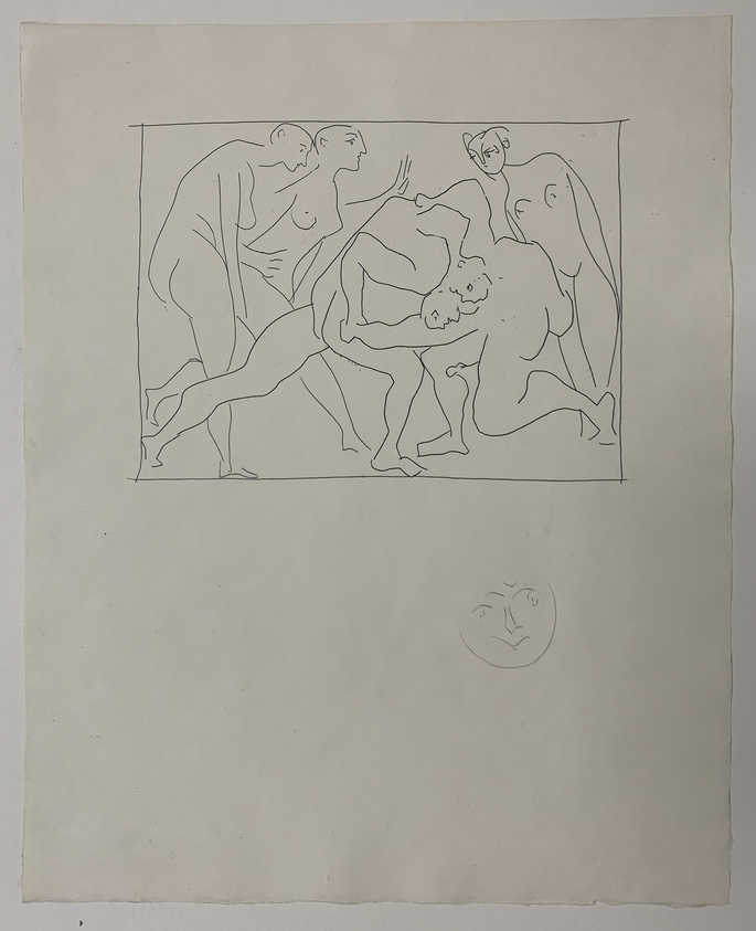 Pablo Picasso (Spanish, 1881-1973). <em>Deux lutteurs observés par trois femmes nues</em>, 1931. Etching on Japan paper, laid down on mat board with tape at left edge, Sheet: 13 x 10 in. (33 x 25.4 cm). Brooklyn Museum, By exchange, 36.915.23. © artist or artist's estate (Photo: Brooklyn Museum, CUR.36.915.23.jpg)