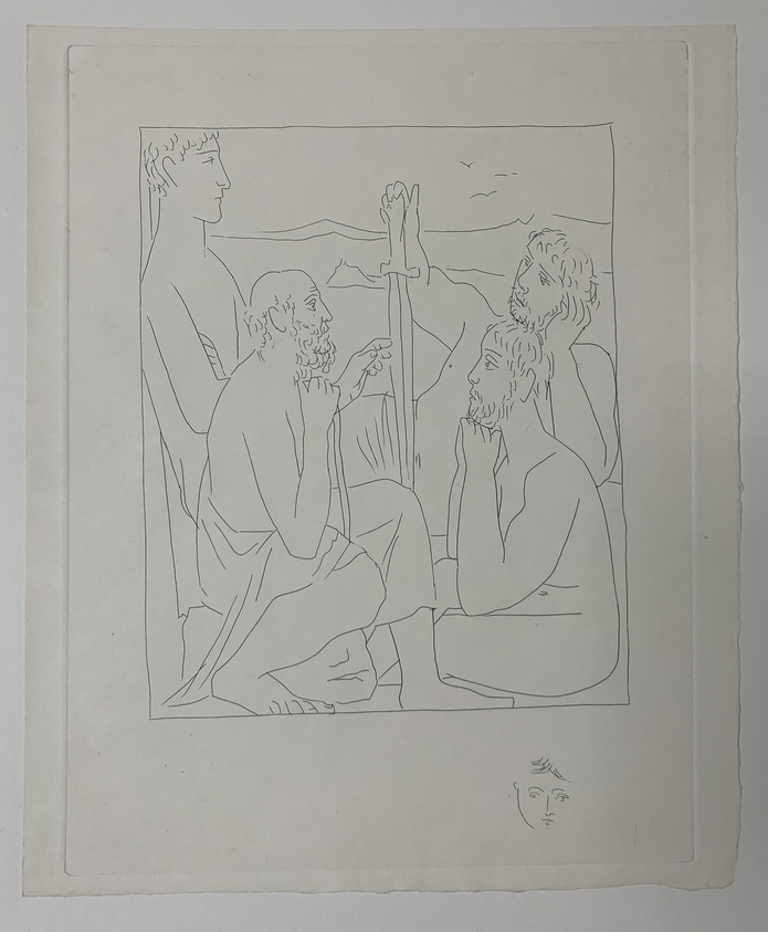 Pablo Picasso (Spanish, 1881-1973). <em>Récits de Nestor sur La Guerre de Troie</em>, 1930. Etching on Japan paper, laid down on mat board with tape at left edge, Sheet: 12 15/16 x 10 in. (32.9 x 25.4 cm). Brooklyn Museum, By exchange, 36.915.24. © artist or artist's estate (Photo: Brooklyn Museum, CUR.36.915.24.jpg)