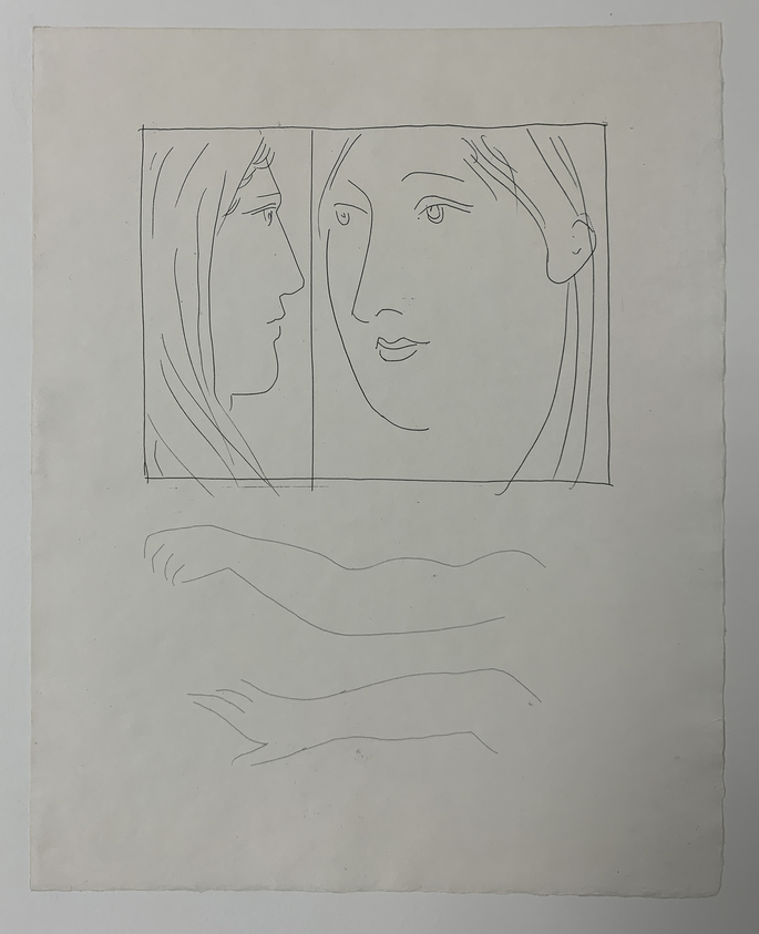 Pablo Picasso (Spanish, 1881-1973). <em>Deux Têtes de Femme</em>, 1931. Etching on Japan paper, laid down on mat board with tape at left edge, Sheet: 12 7/8 x 10 in. (32.7 x 25.4 cm). Brooklyn Museum, By exchange, 36.915.29. © artist or artist's estate (Photo: Brooklyn Museum, CUR.36.915.29.jpg)
