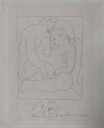 Pablo Picasso (Spanish, 1881-1973). <em>Amours de Jupiter et de Sémélé</em>, 1930. Etching on Japan paper, laid down on mat board with tape at left edge, Sheet: 12 15/16 x 10 1/4 in. (32.9 x 26 cm). Brooklyn Museum, By exchange, 36.915.6. © artist or artist's estate (Photo: Brooklyn Museum, CUR.36.915.6.jpg)