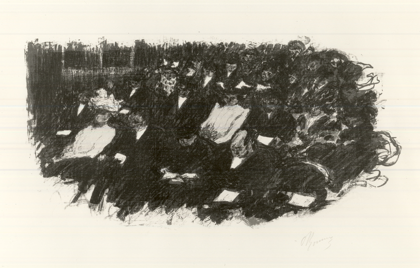 Pierre Bonnard (French, 1867-1947). <em>At the Theater (Au théâtre)</em>, 1897-1898. Color lithograph on wove paper, Image: 8 3/8 x 15 3/4 in. (21.3 x 40 cm). Brooklyn Museum, By exchange, 37.453. © artist or artist's estate (Photo: Brooklyn Museum, CUR.37.453.jpg)