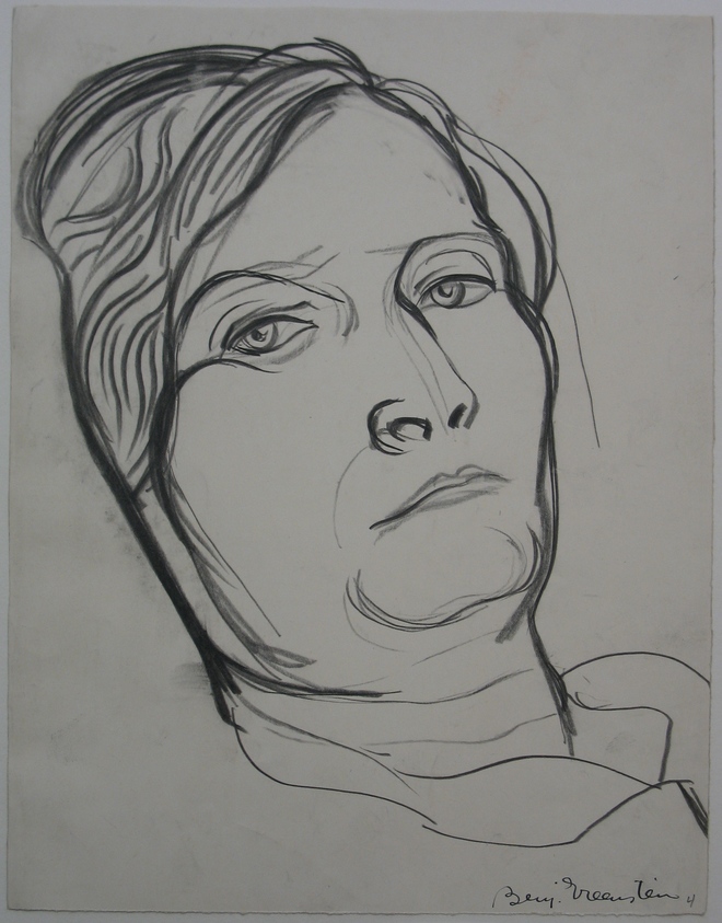 Benjamin "Benno" Greenstein (American, 1901–1980). <em>Head of a Woman</em>, n.d. Charcoal on paper, Sheet: 11 3/16 x 8 11/16 in. (28.4 x 22.1 cm). Brooklyn Museum, Anonymous gift, 38.187. © artist or artist's estate (Photo: Brooklyn Museum, CUR.38.187.jpg)