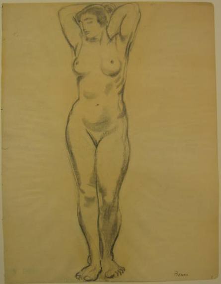 Benjamin "Benno" Greenstein (American, 1901–1980). <em>(A Nude Woman with Arms Upraised)</em>, n.d. Graphite and possibly charcoal on thin paper, Sheet: 13 3/4 x 10 1/2 in. (34.9 x 26.7 cm). Brooklyn Museum, Anonymous gift, 38.190. © artist or artist's estate (Photo: Brooklyn Museum, CUR.38.190.jpg)