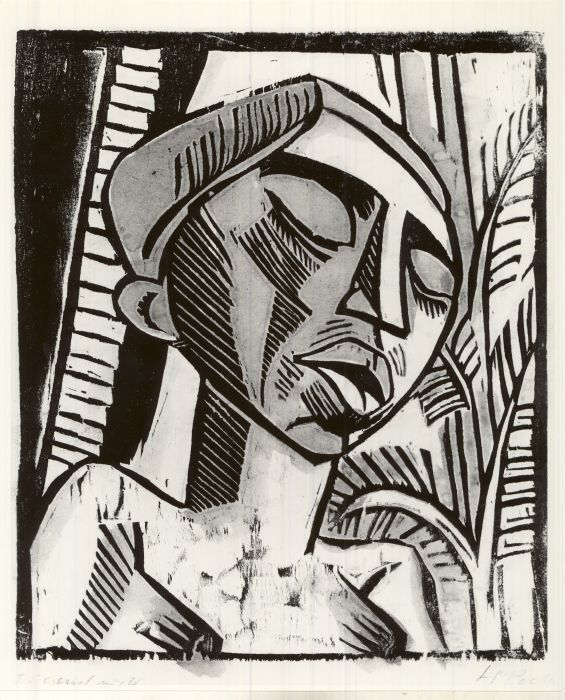 Max Pechstein (Zwickau, Germany, 1881–1955, Berlin, Germany (former West Berlin)). <em>Clerong</em>, 1917. Hand-cut woodcut in turquoise, orange and black on wove paper, Image: 9 5/8 x 7 15/16 in. (24.4 x 20.2 cm). Brooklyn Museum, By exchange, 38.192. © artist or artist's estate (Photo: Brooklyn Museum, CUR.38.192.jpg)