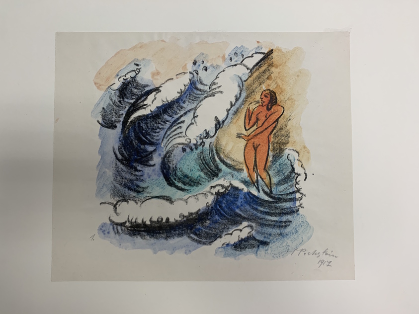 Max Pechstein (German, 1881-1955). <em>Woman in the Waves (Frau in Wellen)</em>, 1917. Hand-colored lithograph in orange, blue, green, black on white wove paper, Image: 10 13/16 x 10 1/4 in. (27.5 x 26 cm). Brooklyn Museum, By exchange, 38.790. © artist or artist's estate (Photo: Brooklyn Museum, CUR.38.790-1.jpg)