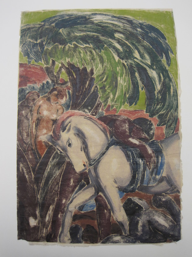 Moritz Melzer (German, 1877-1966). <em>White Horse with Nude Figures</em>, 20th century. Woodcut on Japan paper backed with gold leaf, Sheet: 19 3/8 x 12 7/8 in. (49.2 x 32.7 cm). Brooklyn Museum, By exchange, 39.398. © artist or artist's estate (Photo: Brooklyn Museum, CUR.39.398_recto.jpg)