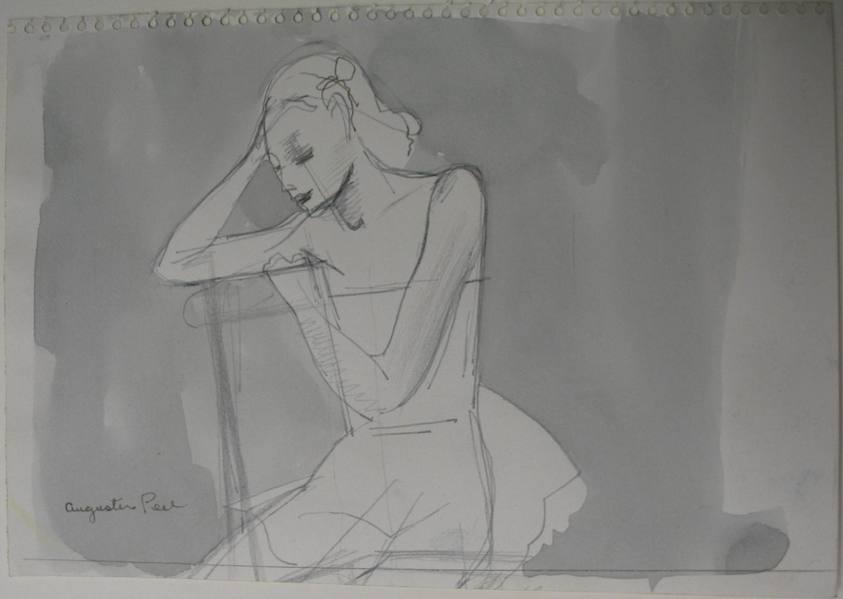 Augustus Peck (American, 1906–1975). <em>Seated Figure</em>, 20th century. Ink and wash and graphite on paper, Sheet: 6 1/8 x 8 15/16 in. (15.6 x 22.7 cm). Brooklyn Museum, Dick S. Ramsay Fund, 39.571. © artist or artist's estate (Photo: Brooklyn Museum, CUR.39.571.jpg)