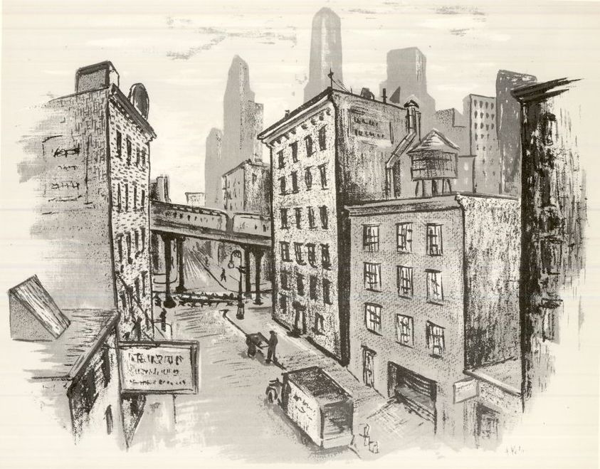 Anthony Velonis (American, 1911-1997). <em>Side Street</em>, 1940. Silk screen stencil in colors on wove paper, Image: 13 7/8 x 19 13/16 in. (35.2 x 50.3 cm). Brooklyn Museum, Dick S. Ramsay Fund, 40.310. © artist or artist's estate (Photo: Brooklyn Museum, CUR.40.310.jpg)