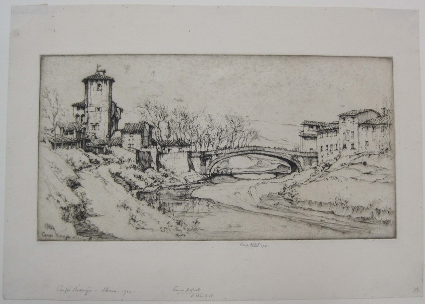 Ernest David Roth (American, 1879–1964). <em>Campi Bizenzio, Florence</em>, 1924. Etching on laid paper, image: 6 3/4 x 13 in. (17.1 x 33 cm). Brooklyn Museum, Gift of William M. Lybrand, 40.944. © artist or artist's estate (Photo: Brooklyn Museum, CUR.40.944.jpg)