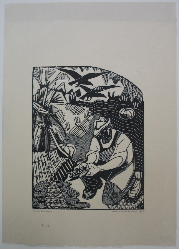 Helen West Heller (American, 1872–1955). <em>Corn Husker From American Earth Tryptich</em>, 1935. Woodcut, Sheet: 14 7/8 x 10 11/16 in. (37.8 x 27.1 cm). Brooklyn Museum, Dick S. Ramsay Fund, 41.60. © artist or artist's estate (Photo: Brooklyn Museum, CUR.41.60.jpg)