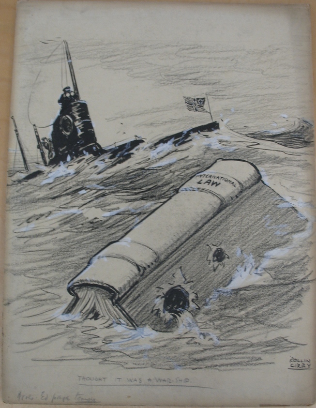 Rollin Kirby (American, 1875–1952). <em>Thought It Was a Warship</em>, early 20th century. Graphite, gouache, charcoal and ink on paperboard, sheet: 20 1/16 x 15 in. (51 x 38.1 cm). Brooklyn Museum, Gift of the artist, 44.8.10. © artist or artist's estate (Photo: Brooklyn Museum, CUR.44.8.10.jpg)