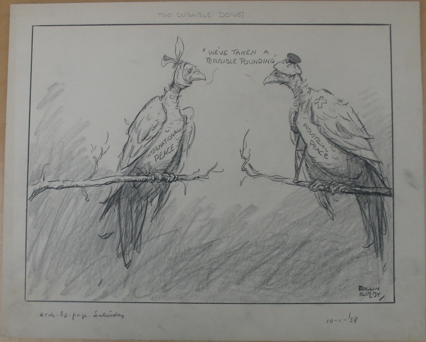 Rollin Kirby (American, 1875–1952). <em>Two Durable Doves</em>, 1938. Charcoal over graphite on paper, sheet: 14 3/8 x 17 7/8 in. (36.5 x 45.4 cm). Brooklyn Museum, Gift of the artist, 44.8.2. © artist or artist's estate (Photo: Brooklyn Museum, CUR.44.8.2.jpg)