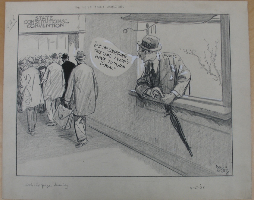 Rollin Kirby (American, 1875–1952). <em>The Voice from Outside</em>, 1938. Charcoal, ink and gouache on paper, sheet: 14 1/2 x 17 15/16 in. (36.8 x 45.6 cm). Brooklyn Museum, Gift of the artist, 44.8.3. © artist or artist's estate (Photo: Brooklyn Museum, CUR.44.8.3.jpg)