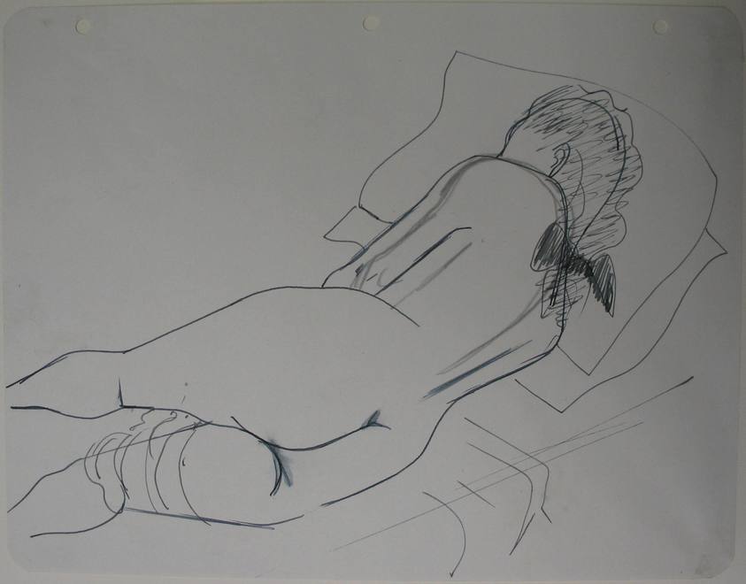 Augustus Peck (American, 1906–1975). <em>Reclining Nude</em>, n.d. Pen and ink and graphite on notebook paper with punched holes, Sheet: 8 1/2 x 11 in. (21.6 x 27.9 cm). Brooklyn Museum, Gift of the artist, 46.206.1. © artist or artist's estate (Photo: Brooklyn Museum, CUR.46.206.1_overall.jpg)