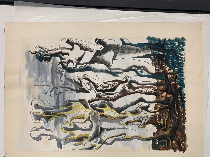 Ossip Zadkine (French, born Russia, 1890-1967). <em>Human Forest (Forêt humaine)</em>, 1946. Opaque watercolor, pen, and black ink over graphite on wove paper, sheet: 36 × 22 in. (91.4 × 55.9 cm). Brooklyn Museum, Museum Collection Fund, 47.111. © artist or artist's estate (Photo: Brooklyn Museum, CUR.47.111.jpg)