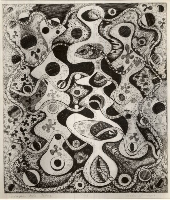 Peter J. Grippe (American, 1912–2002). <em>Escape Into Time</em>, 1946. Engraving, copper on laid paper, 17 9/16 x 14 13/16 in. (44.6 x 37.7 cm). Brooklyn Museum, Gift of Samuel Golden, 47.94.11. © artist or artist's estate (Photo: Brooklyn Museum, CUR.47.94.11.jpg)