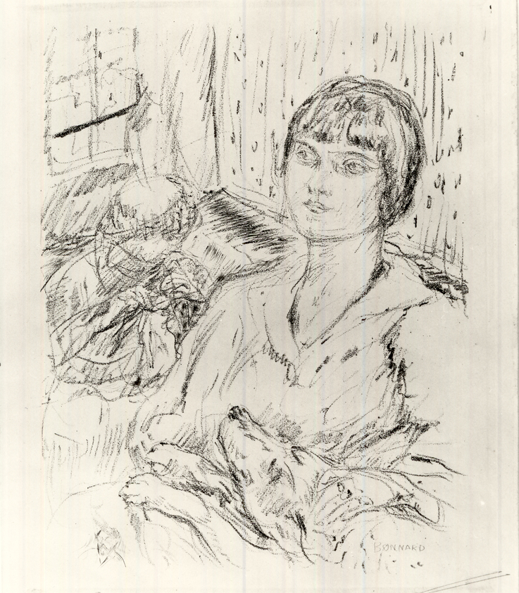Pierre Bonnard (French, 1867-1947). <em>Woman with Dog (La Femme au chien)</em>, 1924. Photogravure with some modification in drypoint on heavy Japan paper, Image: 11 3/16 x 9 1/16 in. (28.4 x 23 cm). Brooklyn Museum, Frederick Loeser Fund, 50.164.2. © artist or artist's estate (Photo: Brooklyn Museum, CUR.50.164.2.jpg)