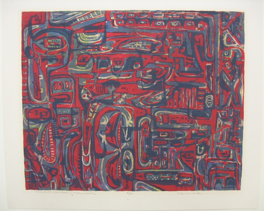 Henry Mark (American, born 1915). <em>Mid-Century Anecdote</em>, 1950. Serigraph on wove paper, Image: 14 x 17 1/8 in. (35.6 x 43.5 cm). Brooklyn Museum, Dick S. Ramsay Fund, 51.45. © artist or artist's estate (Photo: Brooklyn Museum, CUR.51.45.jpg)