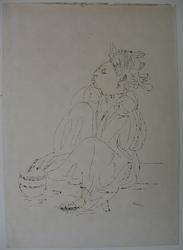 Peter Takal (American, born Romania, 1905–1995). <em>Morrocan Girl with Drum</em>, 1938. Pen and ink with touches of watercolor on paper, sheet: 18 3/4 x 13 5/16 in. (47.6 x 33.8 cm). Brooklyn Museum, Dick S. Ramsay Fund, 54.138.1. © artist or artist's estate (Photo: Brooklyn Museum, CUR.54.138.1.jpg)