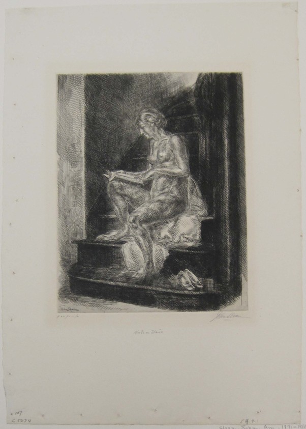 John Sloan (American, 1871–1951). <em>Nude on Stairs</em>, 1930. Etching on wove paper, image: 9 13/16 x 7 7/8 in. (25 x 20 cm). Brooklyn Museum, Dick S. Ramsay Fund, 58.9.1. © artist or artist's estate (Photo: Brooklyn Museum, CUR.58.9.1.jpg)