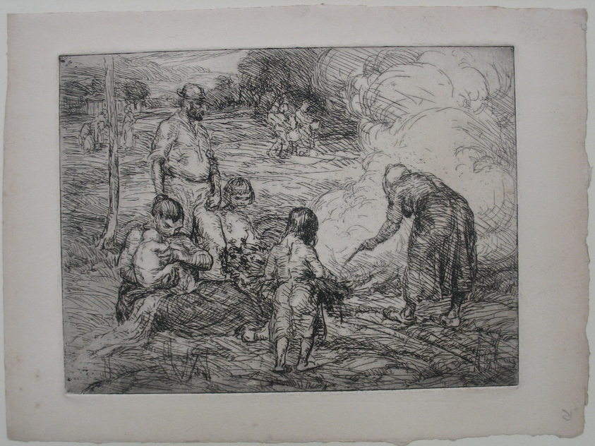 George Renouard (American, 1855–1954). <em>Family in the Field</em>, n.d. Etching (and drypoint?) on paper, sheet: 7 9/16 x 10 1/4 in. (19.2 x 26 cm). Brooklyn Museum, Gift of Harold W. Walker, 61.38.1. © artist or artist's estate (Photo: Brooklyn Museum, CUR.61.38.1.jpg)