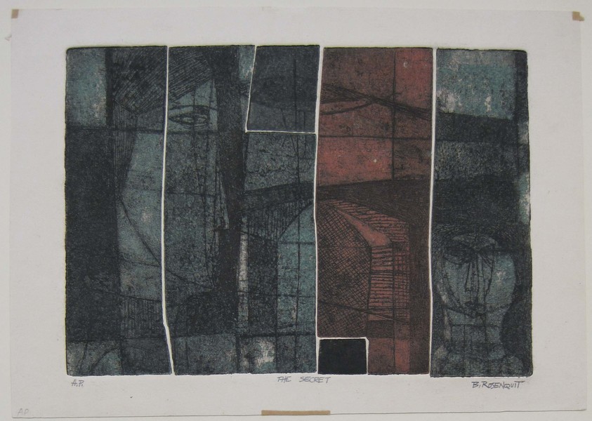 Bernard Rosenquit (American, born 1923). <em>The Secret</em>, 1923. Etching with color on wove paper, image: 4 15/16 x 6 7/8 in. (12.5 x 17.5 cm). Brooklyn Museum, Dick S. Ramsay Fund, 62.57.2. © artist or artist's estate (Photo: Brooklyn Museum, CUR.62.57.2.jpg)