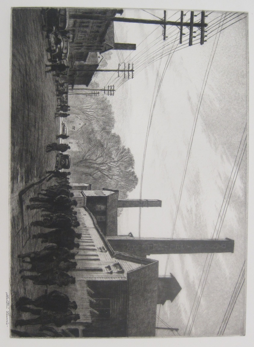 Martin Lewis (American, born Australia, 1881–1962). <em>Day's End</em>, 1937. Etching on paper, sheet: 13 1/2 x 17 7/16 in. (34.3 x 44.3 cm). Brooklyn Museum, Gift of Mrs. Dudley Nichols in memory of her husband, 63.204.29. © artist or artist's estate (Photo: Brooklyn Museum, CUR.63.204.29.jpg)