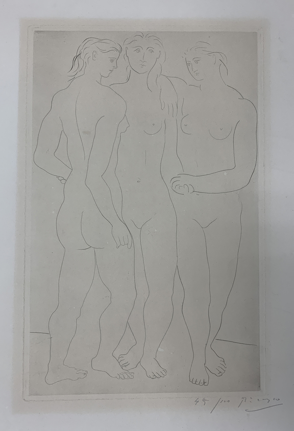 Pablo Picasso (Spanish, 1881–1973). <em>The Three Graces</em>, 1922–1923. Etching on wove paper, Sheet: 18 5/8 x 12 7/8 in. (47.3 x 32.7 cm). Brooklyn Museum, Gift of The Louis E. Stern Foundation, Inc., 64.101.296. © artist or artist's estate (Photo: Brooklyn Museum, CUR.64.101.296_cropped.jpg)