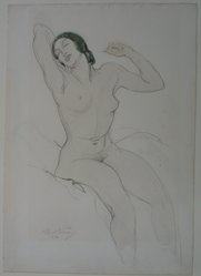 Albert Sterner (American, 1863-1946). <em>Nude</em>, 1932. Graphite with watercolor on paper, sheet: 21 13/16 x 15 3/8 in. (55.4 x 39.1 cm). Brooklyn Museum, Gift of the Estate of Emily Winthrop Miles, 64.98.295. © artist or artist's estate (Photo: Brooklyn Museum, CUR.64.98.295.jpg)