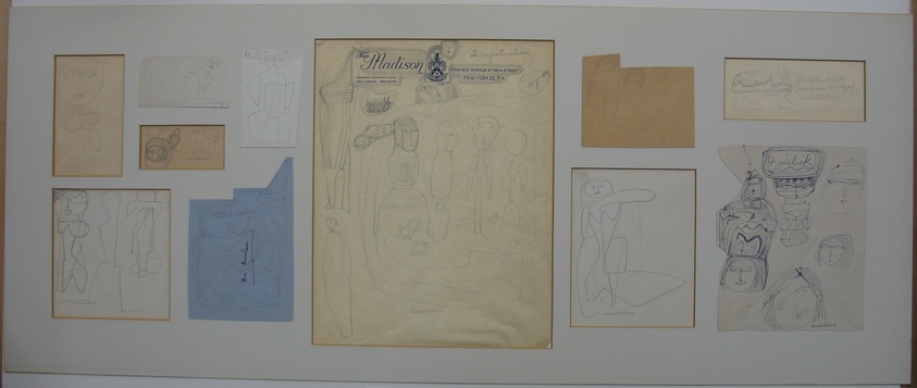 Louise Nevelson (American, born Ukraine, 1899-1988). <em>Sketch Panel</em>, n.d. Graphite and ball-point pen on different papers mounted to mat board, Sheet (mat board): 13 x 32 1/16 in. (33 x 81.4 cm). Brooklyn Museum, Gift of Louise Nevelson, 65.22.30a-k. © artist or artist's estate (Photo: Brooklyn Museum, CUR.65.22.30a-k.jpg)