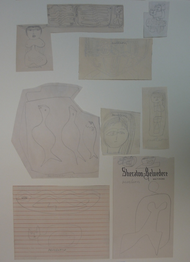 Louise Nevelson (American, born Russia, 1899-1988). <em>Sketch Panel, 14 sketches mounted on board</em>, 1950s. Graphite on different papers mounted to mat board, Sheet (mat board): 30 11/16 x 14 7/8 in. (77.9 x 37.8 cm). Brooklyn Museum, Gift of Louise Nevelson, 65.22.31a-n. © artist or artist's estate (Photo: Brooklyn Museum, CUR.65.22.31a-n_component_g-n.jpg)