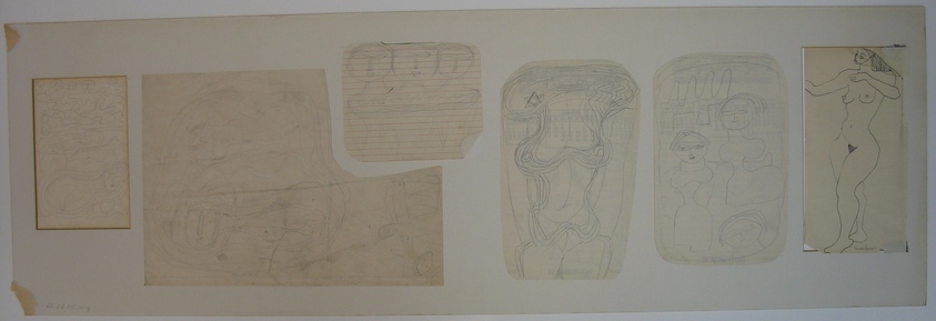 Louise Nevelson (American, born Ukraine, 1899-1988). <em>Sketch Panel</em>, 1950s. Graphite and ink on different papers mounted to mat board, Sheet (mat board): 11 x 34 1/8 in. (27.9 x 86.7 cm). Brooklyn Museum, Gift of Louise Nevelson, 65.22.35a-g. © artist or artist's estate (Photo: Brooklyn Museum, CUR.65.22.35a-g.jpg)