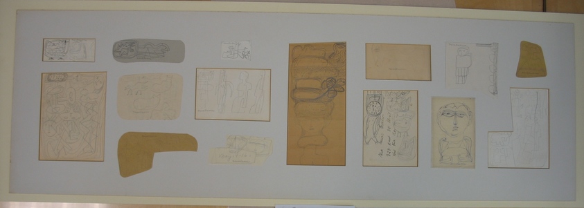 Louise Nevelson (American, born Russia, 1899-1988). <em>Sketch Panel</em>, 1950s. Graphite and pen on different papers mounted to mat board, Sheet (mat board): 34 x 11 1/16 in. (86.4 x 28.1 cm). Brooklyn Museum, Gift of Louise Nevelson, 65.22.36a-o. © artist or artist's estate (Photo: Brooklyn Museum, CUR.65.22.36a-o.jpg)