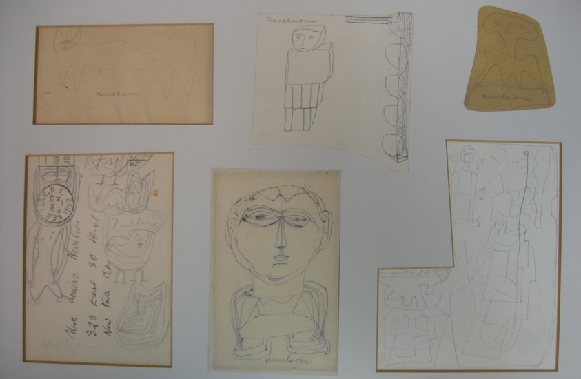 Louise Nevelson (American, born Ukraine, 1899-1988). <em>Sketch Panel</em>, 1950s. Graphite and pen on different papers mounted to mat board, Sheet (mat board): 34 x 11 1/16 in. (86.4 x 28.1 cm). Brooklyn Museum, Gift of Louise Nevelson, 65.22.36a-o. © artist or artist's estate (Photo: Brooklyn Museum, CUR.65.22.36a-o_component2.jpg)