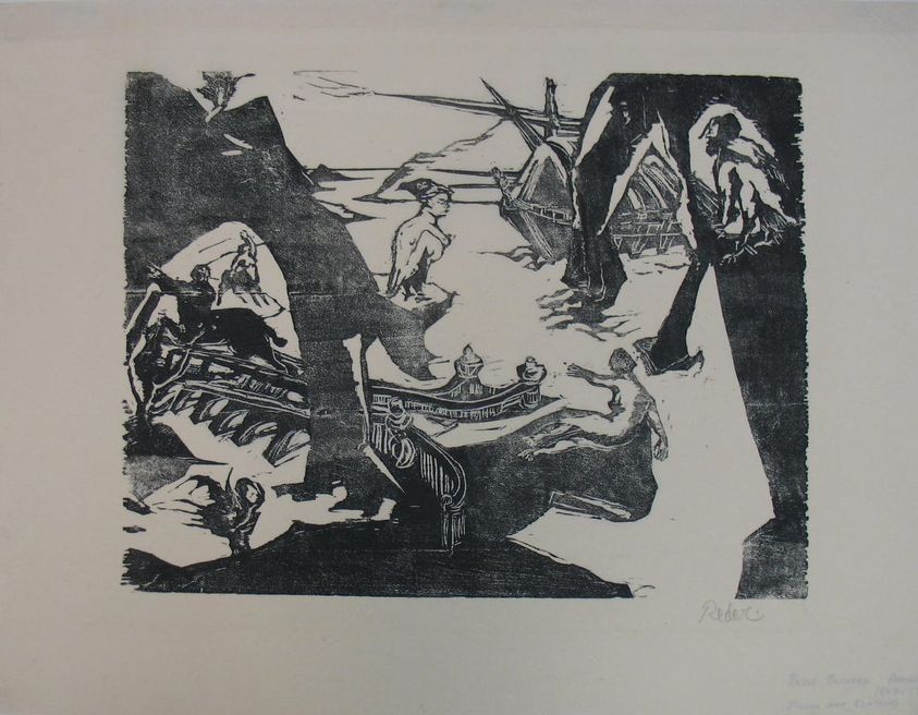 Bernard Reder (American, 1897-1963). <em>Pigeon and Centaurs</em>, n.d. Woodcut on paper, sheet: 15 11/16 x 20 in. (39.8 x 50.8 cm). Brooklyn Museum, Gift of Mr. and Mrs. Warren Brandt, 66.197.17. © artist or artist's estate (Photo: Brooklyn Museum, CUR.66.197.17.jpg)