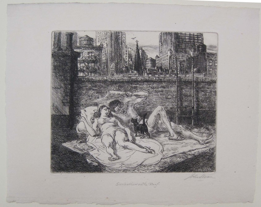 John Sloan (American, 1871-1951). <em>Sunbathers on the Roof</em>, 1941. Etching on laid paper, image: 5 7/8 x 6 15/16 in. (15 x 17.6 cm). Brooklyn Museum, Gift of Mrs. Harold J. Baily, 67.27.10. © artist or artist's estate (Photo: Brooklyn Museum, CUR.67.27.10.jpg)