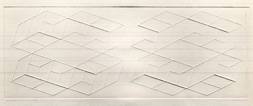 Josef Albers (American, 1888-1976). <em>Intaglio Duo A</em>, 1958. Color lithograph on wove Arches paper, 5 x 13 1/2 in. (12.7 x 34.3 cm). Brooklyn Museum, Gift of the artist, 68.54.16. © artist or artist's estate (Photo: Brooklyn Museum, CUR.68.54.16.jpg)