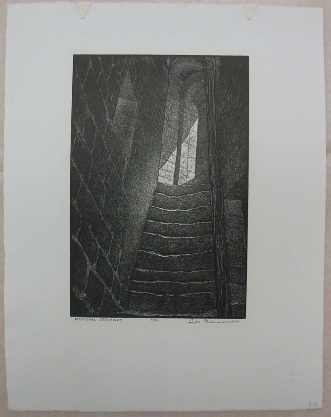 Leo J. Meissner (American, 1895–1977). <em>Medieval Stairway</em>, n.d. Woodcut engraving on paper, Sheet: 14 3/16 x 11 in. (36 x 28 cm). Brooklyn Museum, Gift of the Society of American Graphic Artists in memory of John von Wicht, 71.60.53. © artist or artist's estate (Photo: Brooklyn Museum, CUR.71.60.53.jpg)