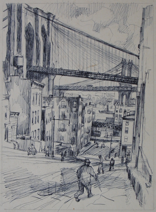 Abram Tromka (American, born Poland 1896–1954). <em>Study of Two Bridges</em>, ca. 1929. Ink on paper, image: 10 3/8 x 7 11/16 in. (26.4 x 19.5 cm). Brooklyn Museum, Gift of Mrs. Abram Tromka, 74.182.1. © artist or artist's estate (Photo: Brooklyn Museum, CUR.74.182.1.jpg)