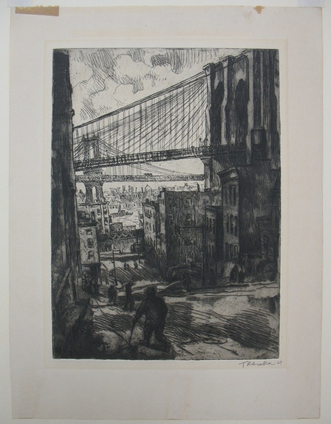 Abram Tromka (American, born Poland 1896–1954). <em>Two Bridges</em>, 1929. Etching on cream paper, sheet: 13 3/4 x 10 3/8 in. (34.9 x 26.4 cm). Brooklyn Museum, Gift of Mrs. Abram Tromka, 74.182.2. © artist or artist's estate (Photo: Brooklyn Museum, CUR.74.182.2.jpg)