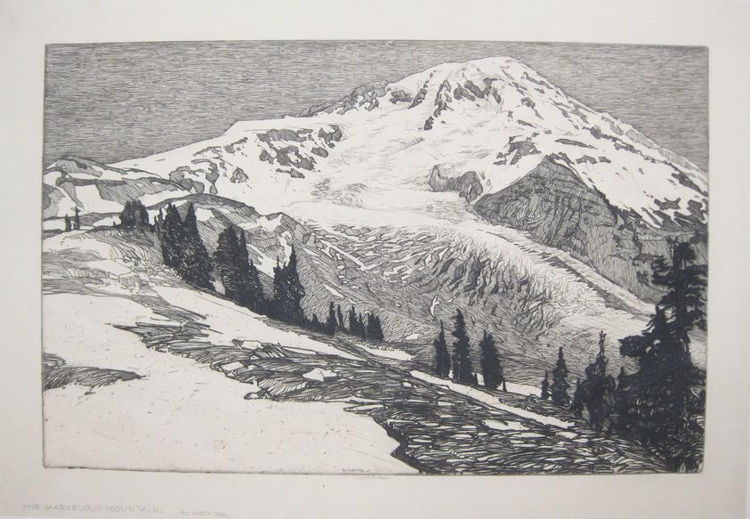 Roi Partridge (American, 1888–1984). <em>The Marvelous Mountain</em>, n.d. Etching on vellum, sheet: 12 9/16 x 18 3/16 in. (31.9 x 46.2 cm). Brooklyn Museum, Gift of the artist, 78.157.1. © artist or artist's estate (Photo: Brooklyn Museum, CUR.78.157.1.jpg)