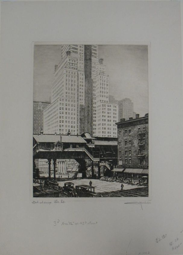 Otto Kuhler (American, 1894–1976). <em>Third Avenue El at 42nd Street</em>, ca. 1928. Etching on laid paper, Sheet: 16 13/16 x 12 1/16 in. (42.7 x 30.6 cm). Brooklyn Museum, Designated Purchase Fund, 78.28. © artist or artist's estate (Photo: Brooklyn Museum, CUR.78.28.jpg)