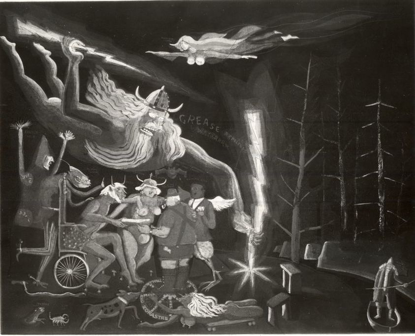Warrington Colescott (American, 1921-2018). <em>Senefelder Receives the Secrets of Lithography</em>, 1976. Etching and aquatint on Arches paper, Plate: 21 7/8 x 27 11/16 in. (55.6 x 70.4 cm). Brooklyn Museum, Gift of the artist, 79.200.1. © artist or artist's estate (Photo: Brooklyn Museum, CUR.79.200.1.jpg)