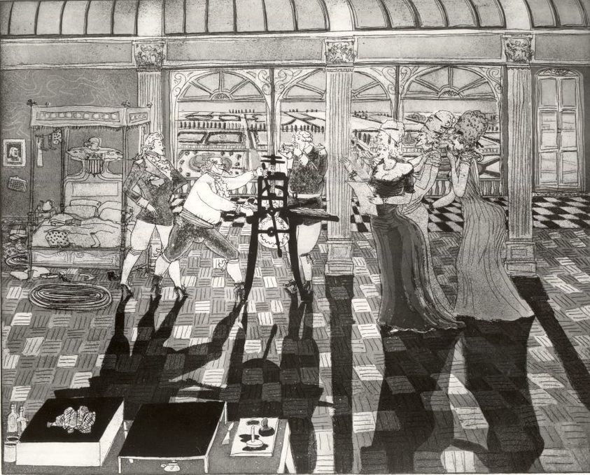 Warrington Colescott (American, 1921-2018). <em>Ben Franklin at Versailles</em>, 1976. Etching, aquatint,  stenciled relief on 3 plates on Arches cover paper, Plate: 21 15/16 x 27 5/8 in. (55.7 x 70.2 cm). Brooklyn Museum, Gift of the artist, 79.200.8. © artist or artist's estate (Photo: Brooklyn Museum, CUR.79.200.8.jpg)